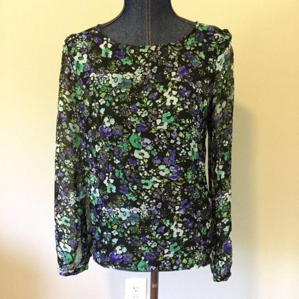 Ambiance‎ Apparel Size L Purple Green Black Floral Sheer Long Sleeve Top Shirt